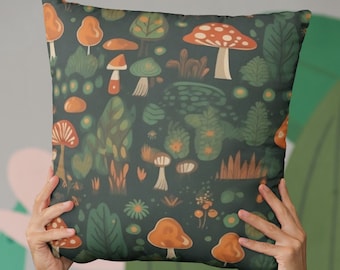Mushroom Forest Cottegecore Decorative Throw Pillow | decorative indoor throw pillow living room bedroom cottagecore design