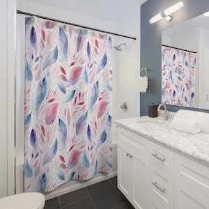 Cortina de ducha de hojas de acuarela roja y azul / decoración de baño diseño de acuarela decoración del hogar patrón floral