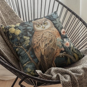 William Morris Inspired Owl Indoor Throw Pillow | Cottagecore owl indoor decorative throw pillow Morris inspired bedroom living room decor