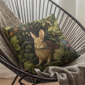 William Morris Inspired Rabbit in a Forest Pillow | morris inspired rabbit home decor throw pillow