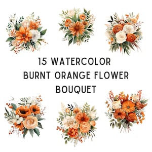 Burnt Orange Flower Bouquet Watercolor Clipart - Wedding invite card, Digital floral clipart JPGs, Digital download, Watercolor flowers