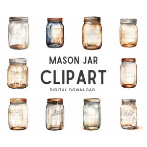 Mason Jar Watercolor Clipart - Wedding invite card, Digital download, Digital Planner, Journal, Wall Art, Greetings Cards, Digital Clipart