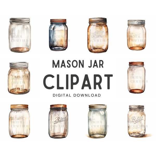 Mason Jar Watercolor Clipart - Wedding invite card, Digital download, Digital Planner, Journal, Wall Art, Greetings Cards, Digital Clipart