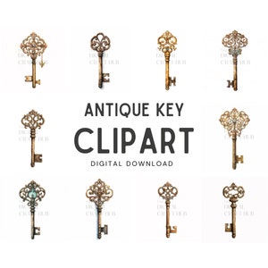 Antique Key Watercolor Clipart - Wedding invite card, Digital download, Digital Planner, Journal, Wall Art, Greeting Card, Digital Clipart
