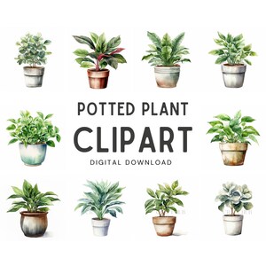 Potted Plants Watercolor Clipart - Wedding invite card, Digital download, Digital Planner, Journal, Wall Art, Greetings Cards, Digital Art