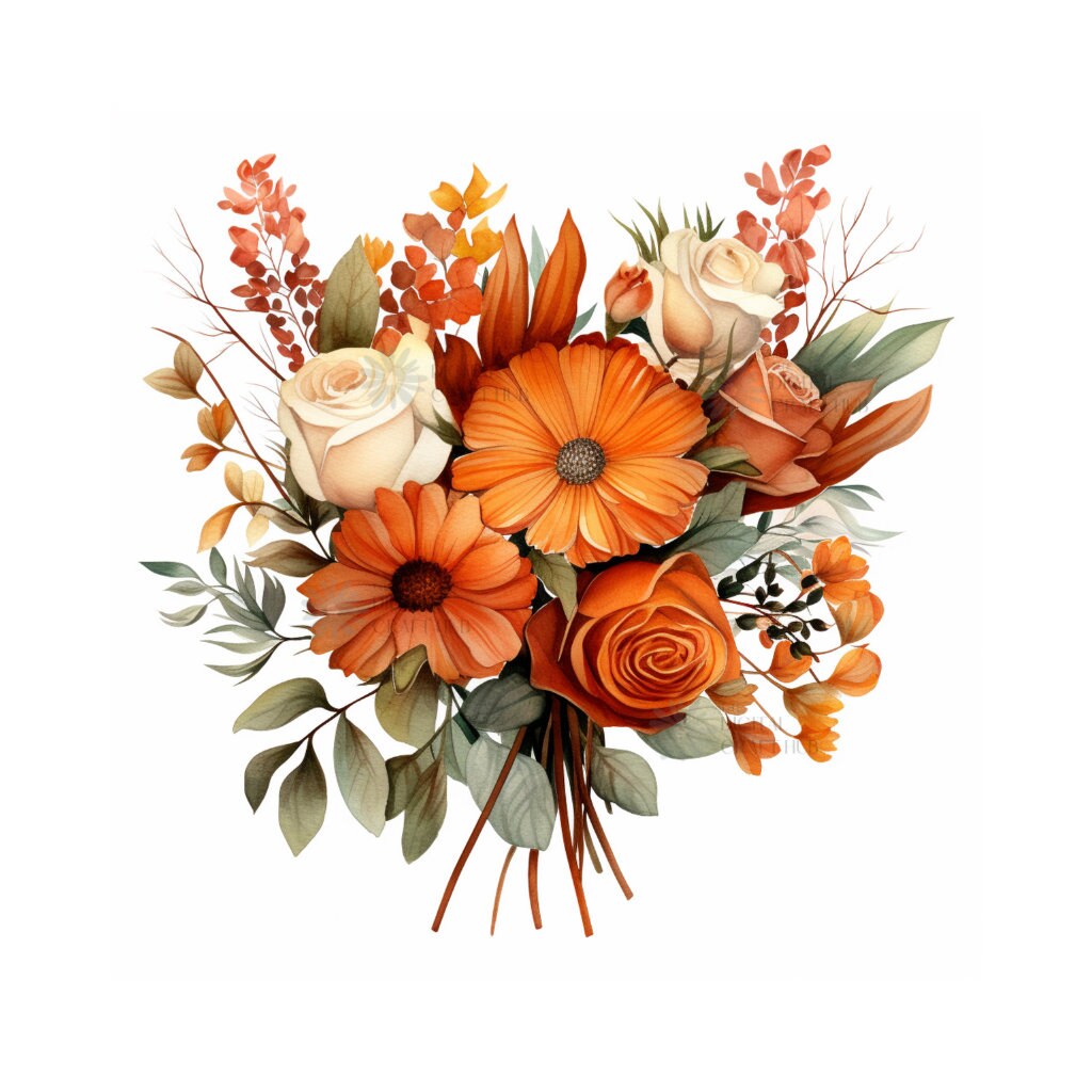 Burnt Orange Flower Bouquet Watercolor Clipart Wedding Etsy