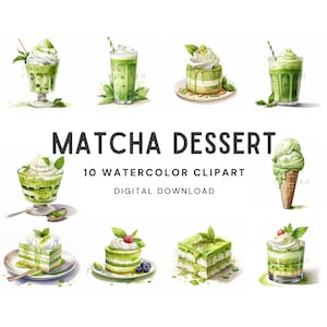 Matcha Dessert Watercolor Clipart - Baking Clipart, Dessert Clipart, Food Clipart, Sweets Clipart, Birthday Clipart, Tasty Desserts, Green