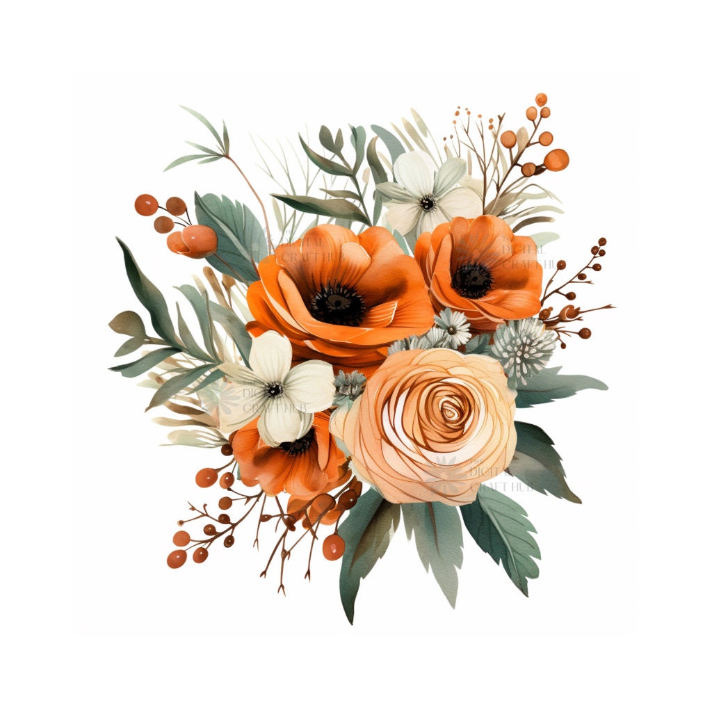 Burnt Orange Flower Bouquet Watercolor Clipart Wedding Etsy
