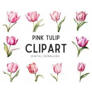 Pink Tulip Watercolor Clipart - Wedding invite card, Digital download, Digital Planner, Journal, Wall Art, Greetings Cards, Digital Clipart