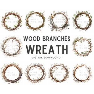 Wood Branches Wreath Watercolor Clipart - Wedding invite card, Digital download, Digital Planner, Journal, Wall Art, Greetings Cards