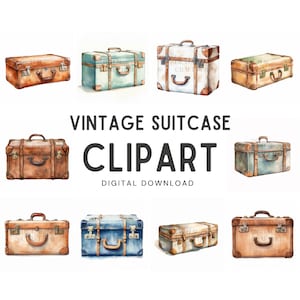 Vintage Suitcase Watercolor Clipart - Wedding invite card, Digital download, Digital Planner, Journal, Wall Art, Greetings Card, Digital Art