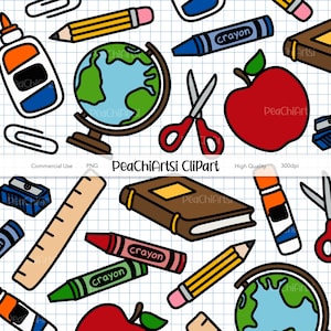 Könnte beinhalten: Ein sich wiederholendes Muster von Schulmaterialien auf kariertem Hintergrund. Das Design umfasst Bleistifte, Buntstifte, Scheren, einen Globus, einen roten Apfel, ein Lineal, ein Buch und Klebstoff. Der Text "PeaChiArtsi Clipart" ist sichtbar.