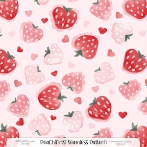 May include: A seamless pattern featuring heart-shaped strawberries and small red hearts on a light pink background. The strawberries are in shades of red and pink, with green stems and white seeds. The pattern is a watercolor design.