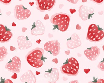 Strawberry Seamless Pattern - Watercolor Berry Repeat Pattern - Cute Seamless Valentines Day Design - Commercial Use Included