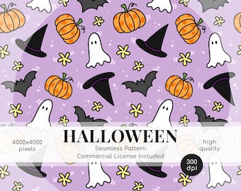 Halloween Seamless Pattern Design- Girly Halloween Fabric Pattern - Ghost Pumpkin - Instant Download - Digital File - Commercial Use License