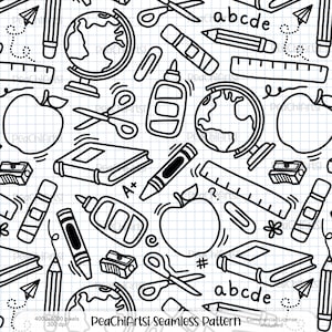 May include: Seamless black and white pattern featuring school supplies like pencils, scissors, glue, books, apples, and globes. The text "PeaChiArtsi Seamless Pattern" is included.