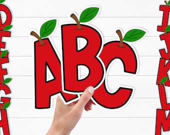 Clipart de alfabeto y números de manzana - Letras para tablones de anuncios - Decoraciones para el aula - Fuente de garabatos para maestros - PNG imprimible educativo