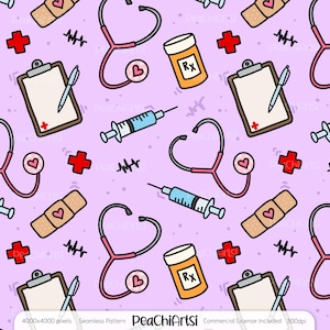 May include: A seamless pattern featuring a variety of medical-themed illustrations on a light purple background. The illustrations include a stethoscope, a syringe, a bandage, a pill bottle, a clipboard, and a red cross.