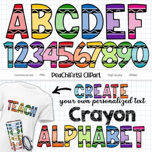 Crayon Alphabet and Numbers Clipart - Rainbow Doodle Crayon Font - Bulletin Board Letters - Teacher Classroom Decorations - PNG Printable