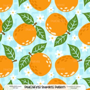 May include: A repeating seamless pattern of orange fruits with green leaves and white flowers on a light blue background. The design includes the text "PeaChiArtsi Seamless Pattern". The pattern is a repeating design of oranges, leaves, and flowers.