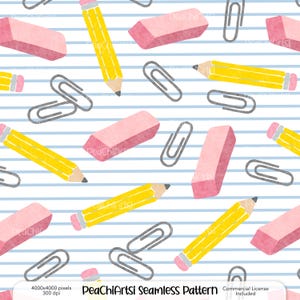 May include: Seamless pattern featuring yellow pencils, pink erasers, and silver paper clips on a white background with blue stripes. The pattern includes the text "PeaChiArtsi Seamless Pattern". Commercial License Included.