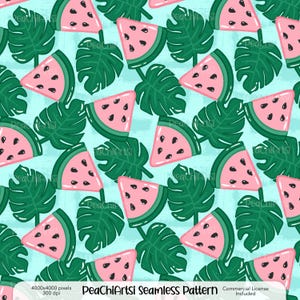 May include: Seamless pattern featuring watermelon slices and tropical leaves in shades of pink, green, and teal. The design includes watermelon wedges with black seeds and large green leaves. The text "PeaChiArtsi Seamless Pattern" is at the bottom.