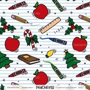 Peut inclure: Motif sans couture avec des éléments scolaires et festifs dessinés à la main. Comprend des pommes rouges, des crayons, des crayons, des règles, des cannes en bonbon, des arbres de Noël et des branches de houx sur fond rayé bleu et blanc. Le texte "PeaChiArtsi" est visible.
