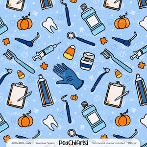 Wzór bezszwowego dentysty na jesień - bezszwowy wzór higienistki stomatologicznej na Halloween - powtarzalny wzór medyczny - plik cyfrowy - użytek komercyjny wliczony w cenę