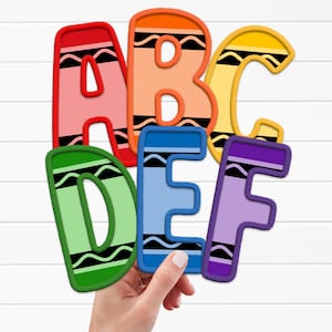 May include: Colorful crayon-themed letters A, B, C, D, E, and F. Each letter is a different color, including red, orange, yellow, green, blue, and purple. The letters have a black wavy design and are held by a hand.