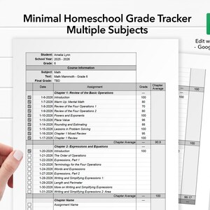 May include: A minimal homeschool grade tracker with multiple subjects, featuring a detailed layout for tracking student progress. The document includes sections for assignments, grades, and chapter averages, with the text "Edit with - Google Sheets."