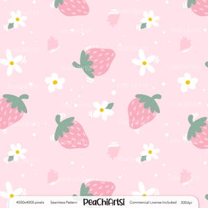 May include: A seamless pattern featuring pink strawberries and white flowers on a light pink background. The pattern is ideal for use in digital and printed designs.