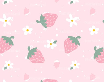Pink Strawberry Seamless Pattern Design - Floral Daisy Spring Fabric Pattern - Instant Download - Digital File - Commercial Use License