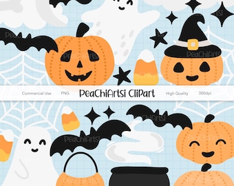 Conjunto de imágenes prediseñadas de Halloween: adorables ilustraciones de calabazas, gráficos de fantasmas espeluznantes, imágenes prediseñadas de truco o trato, ilustraciones de octubre, elementos PNG