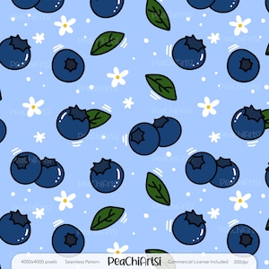 Blueberry Seamless Pattern Design - Floral Berry Fruit Spring Fabric Pattern - Instant Download - Digital File - Commercial Use License