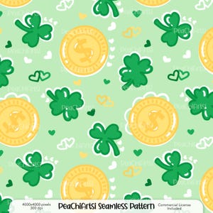 May include: Seamless pattern featuring gold coins with dollar signs, green shamrocks, white hearts, and yellow hearts on a light green background. The design is a repeating pattern, perfect for St. Patrick's Day or Irish-themed projects.