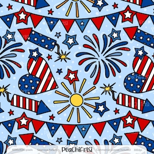 4th Of July Summer Seamless Pattern - Independence Day Repeat Pattern - Red White Blue Patriotic Seamless Design File - Commercial Use