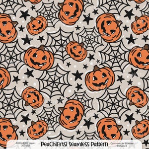 May include: Seamless pattern featuring orange jack-o'-lanterns with black smiling faces, black stars, and spiderwebs on a light gray background. The pattern repeats across the image. The text "PeaChiArtsi Seamless Pattern" is at the bottom.