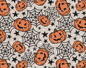 Patrón retro sin costuras de Halloween - Diseño sin costuras de calabaza estrellada - Patrón repetitivo de garabatos de telaraña - Descarga instantánea - Uso comercial