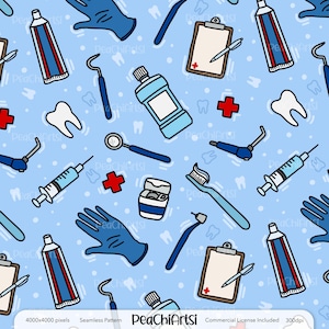 Patrón sin costuras de dentista - Diseño sin costuras de higienista dental - Patrón médico repetido - Descarga instantánea - Archivo digital - Uso comercial