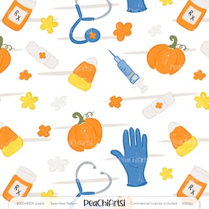 May include: A seamless pattern featuring medical and autumn-themed illustrations. The design includes orange pumpkins, candy corn, prescription bottles, bandages, stethoscopes, syringes, blue gloves, and floral accents on a white background.