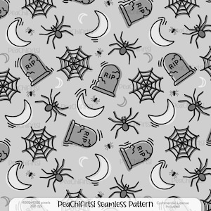 Op de afbeelding: Een naadloos Halloween-patroon met grijze grafstenen, spinnen, spinnenwebben en halve manen in zwart en wit. De grafstenen hebben de tekst "RIP". Het ontwerp creëert een spookachtige en feestelijke esthetiek. Het patroon herhaalt zich.