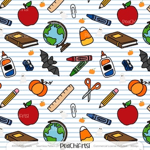 May include: Seamless pattern featuring school supplies and Halloween elements. Includes red apples, globes, books, crayons, pumpkins, bats, ghosts, and scissors on a white and blue striped background. The text "PeaChiArtsi" is visible.