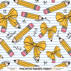 May include: A repeating pattern of yellow pencils with pink erasers and yellow bows set against a blue and white striped backdrop. The design includes the text "#1 Teacher", "1+2=3", and "A+".