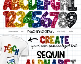 Alfabeto de lantejoulas arco-íris PNG – Letras e números de bordado falso – Design de fonte de remendo de sublimação – Pacote de clipart com glitter - 100