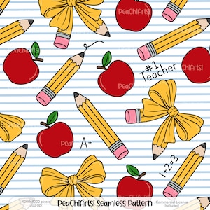 May include: Seamless pattern featuring yellow pencils, red apples, and yellow bows on a blue and white striped background. The design includes the text "#1 Teacher", "A+", and "1+2=3". The pattern is labeled "PeaChiArtsi Seamless Pattern".