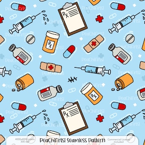 Può includere: Motivo senza cuciture con forniture mediche come siringhe, pillole, bende, blocchi per prescrizioni e flaconi di medicinali su sfondo azzurro. Il design include elementi rossi, bianchi e blu, creando un tema sanitario.