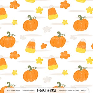 May include: A seamless pattern featuring orange pumpkins, candy corn, yellow and orange flowers, and white cloud shapes on a white background. The pumpkins have green stems. The text "PeaChiArtsi" is at the bottom.
