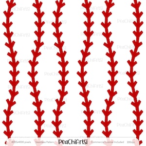 May include: A seamless pattern of red baseball stitching on a white background. The stitching is arranged in vertical lines, creating a classic baseball look.