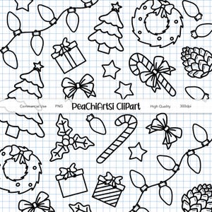 Christmas Clipart Set - Holiday Doodle Clipart - Coloring Page Graphics - Black Outline Clipart - Worksheet Illustrations - PNG Elements