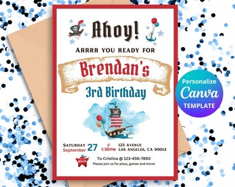 May include: A red, white, and blue pirate-themed birthday invitation with a cartoon pirate ship and the text "Ahoy! ARRRR YOU READY FOR Brendan's 3rd Birthday".